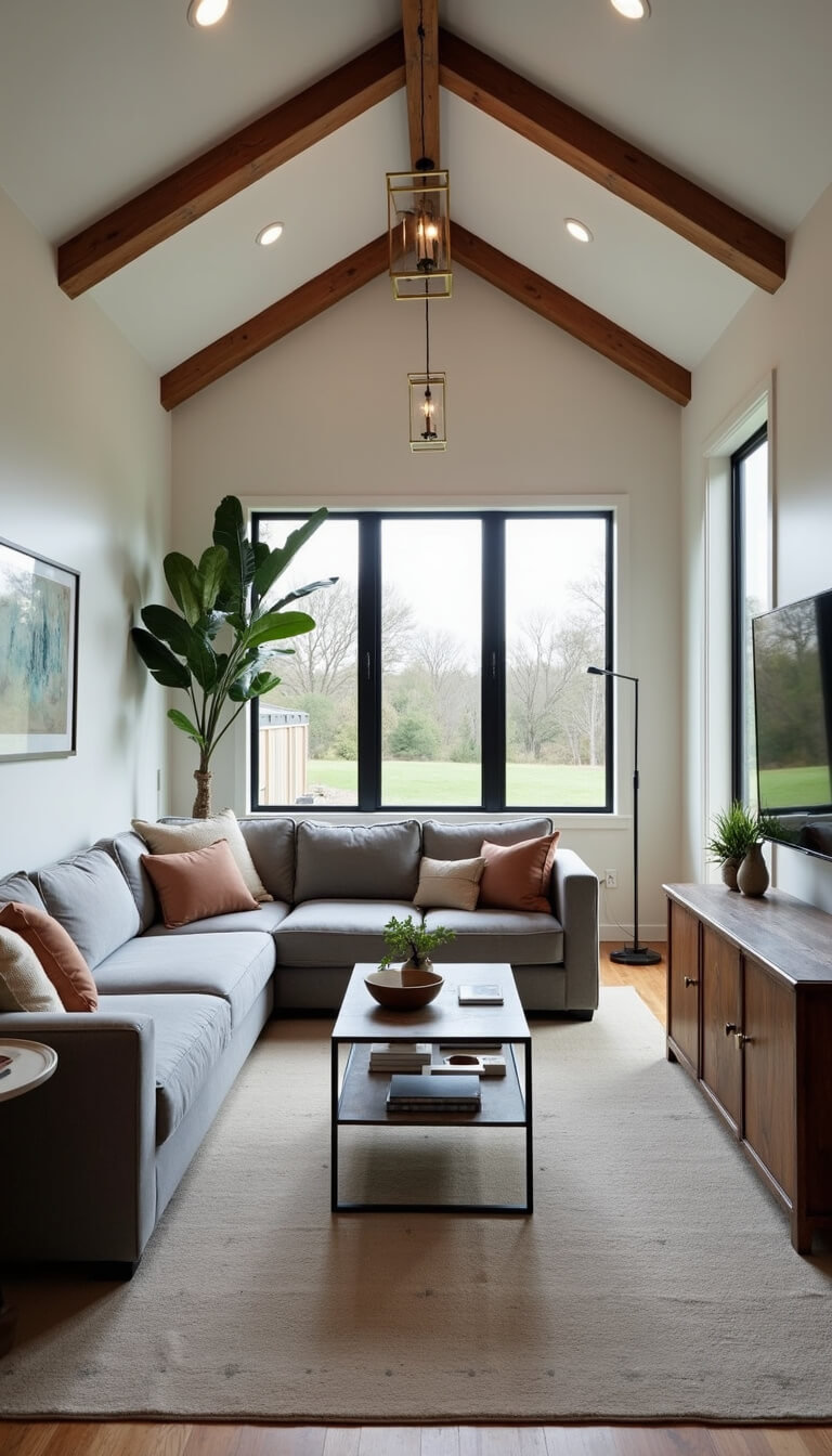 Modern farmhouse great room with vaulted ceiling, exposed beams, and grey sectional, bathed in late afternoon light through black-framed windows.