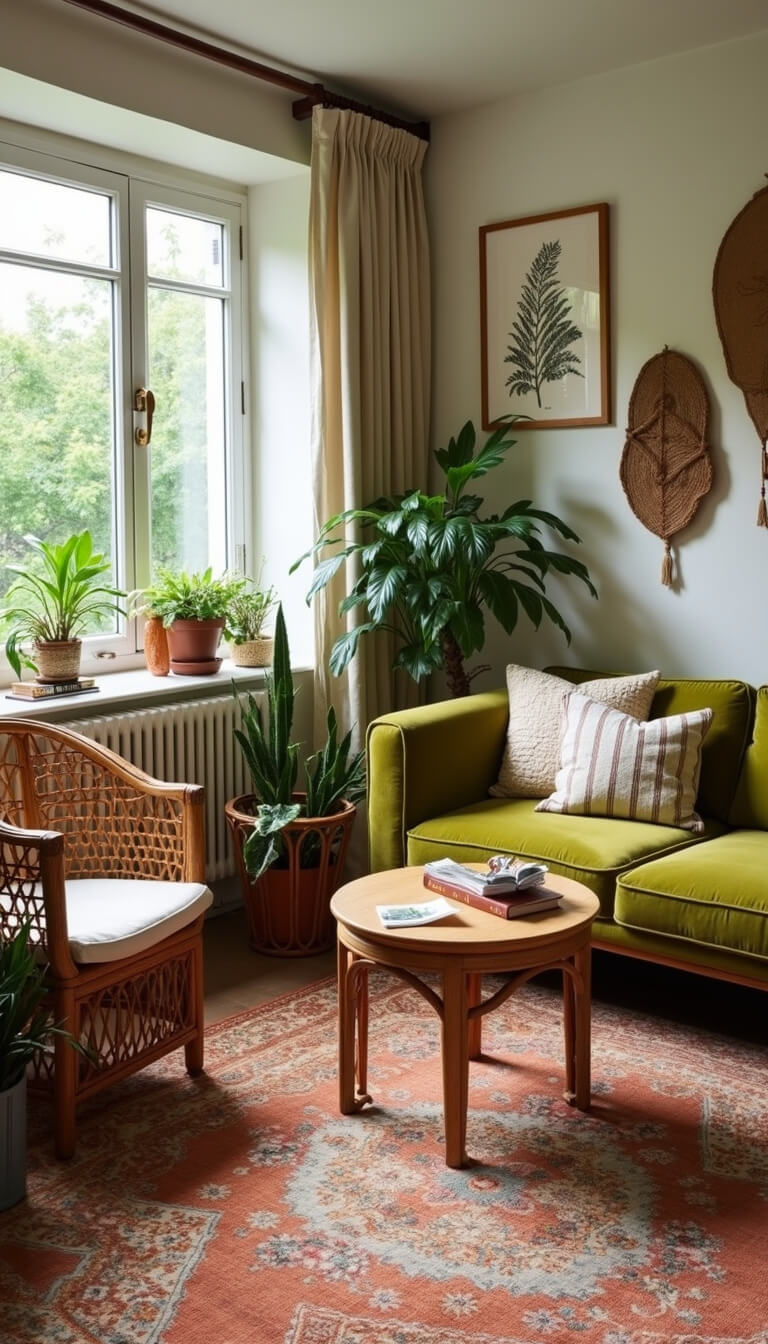 Bohemian-style living room with Art Deco features, moss green velvet sofa, rattan chairs, layered terracotta and cream rugs, and abundant plants in natural morning light.