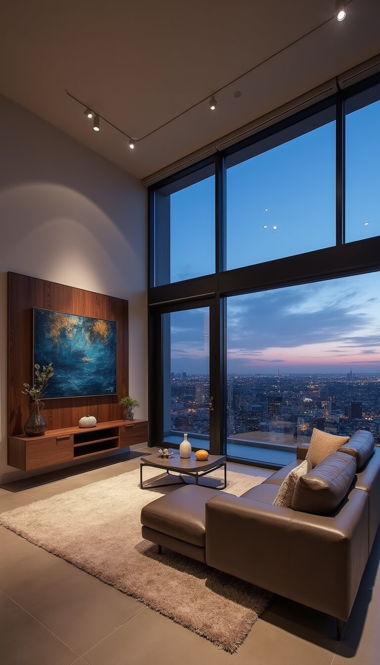 Contemporary penthouse living room with grey Italian leather sectional, walnut media unit, abstract blue and gold artwork, and city lights visible through floor-to-ceiling windows at twilight.