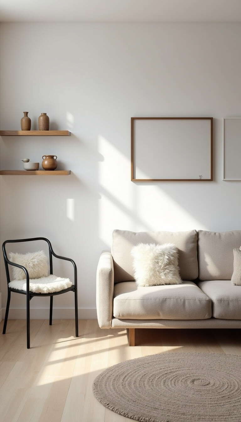 Scandinavian-style living room with pale oak floors, white walls, linen sofa with sheepskin throws, black metal chairs, ceramic vessels on shelves, lit by natural winter morning light.