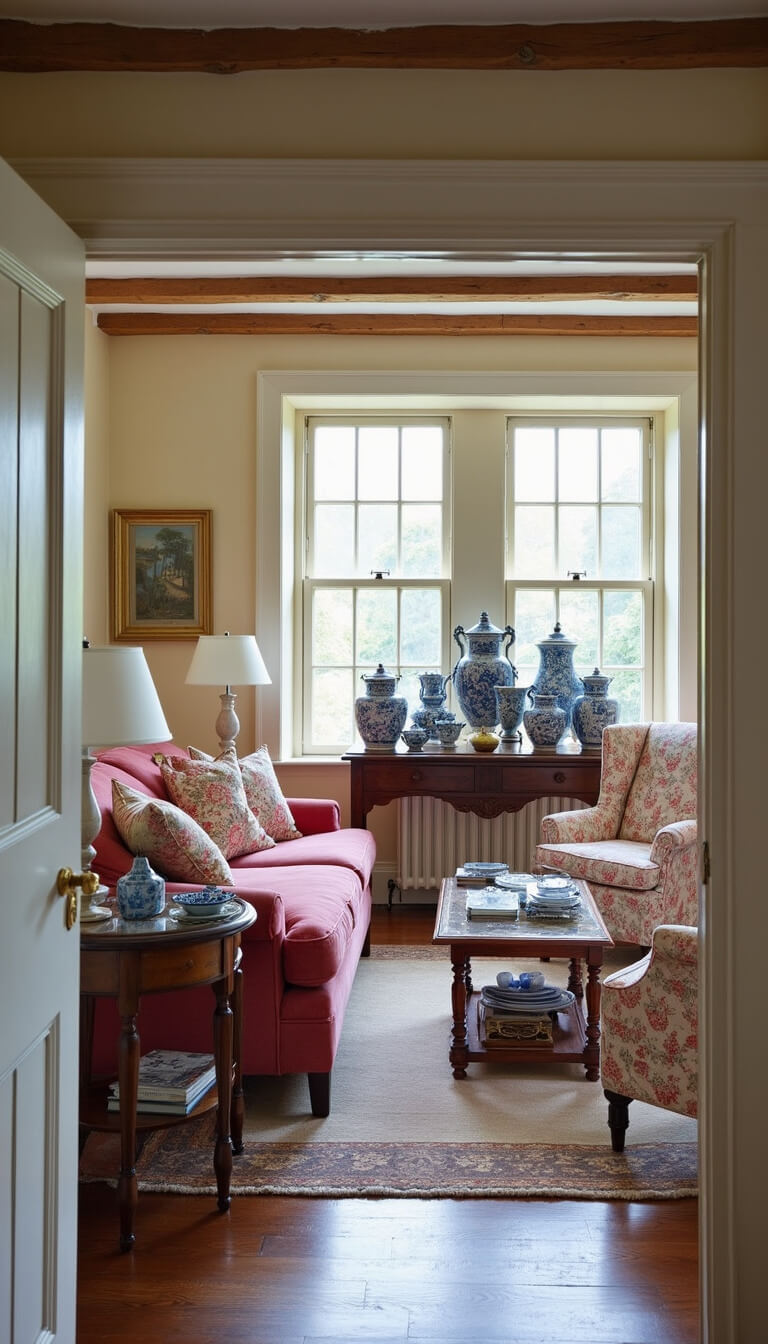 Cozy English cottage living room with rose velvet sofa, chintz armchairs, Victorian table set for afternoon tea, and blue-and-white pottery on Welsh dresser, lit by soft window light and table lamps.
