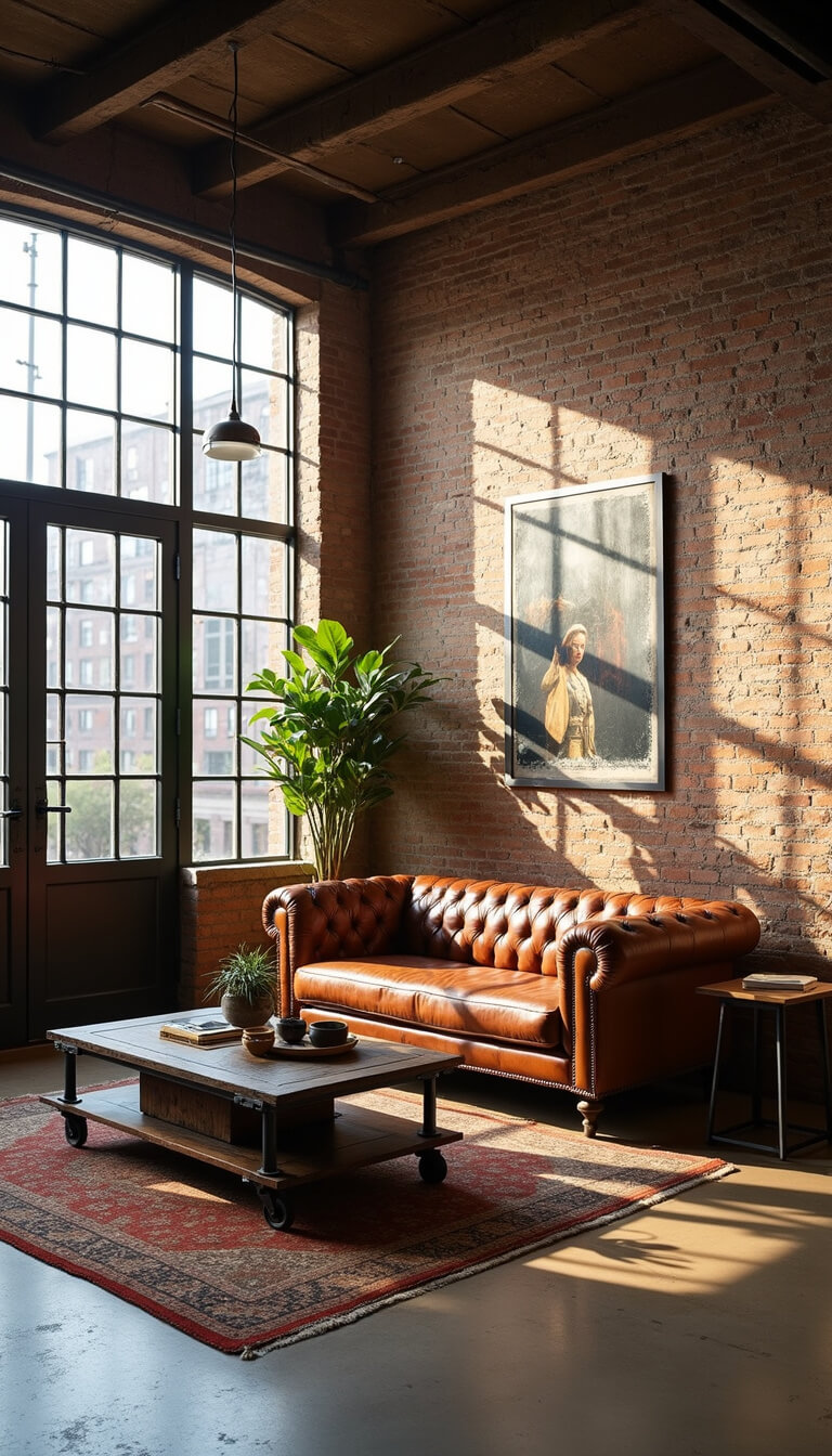 Industrial loft living space with high ceilings, exposed brick, leather Chesterfield sofa, mixed metal and wood furniture, and dramatic afternoon light from large factory windows.