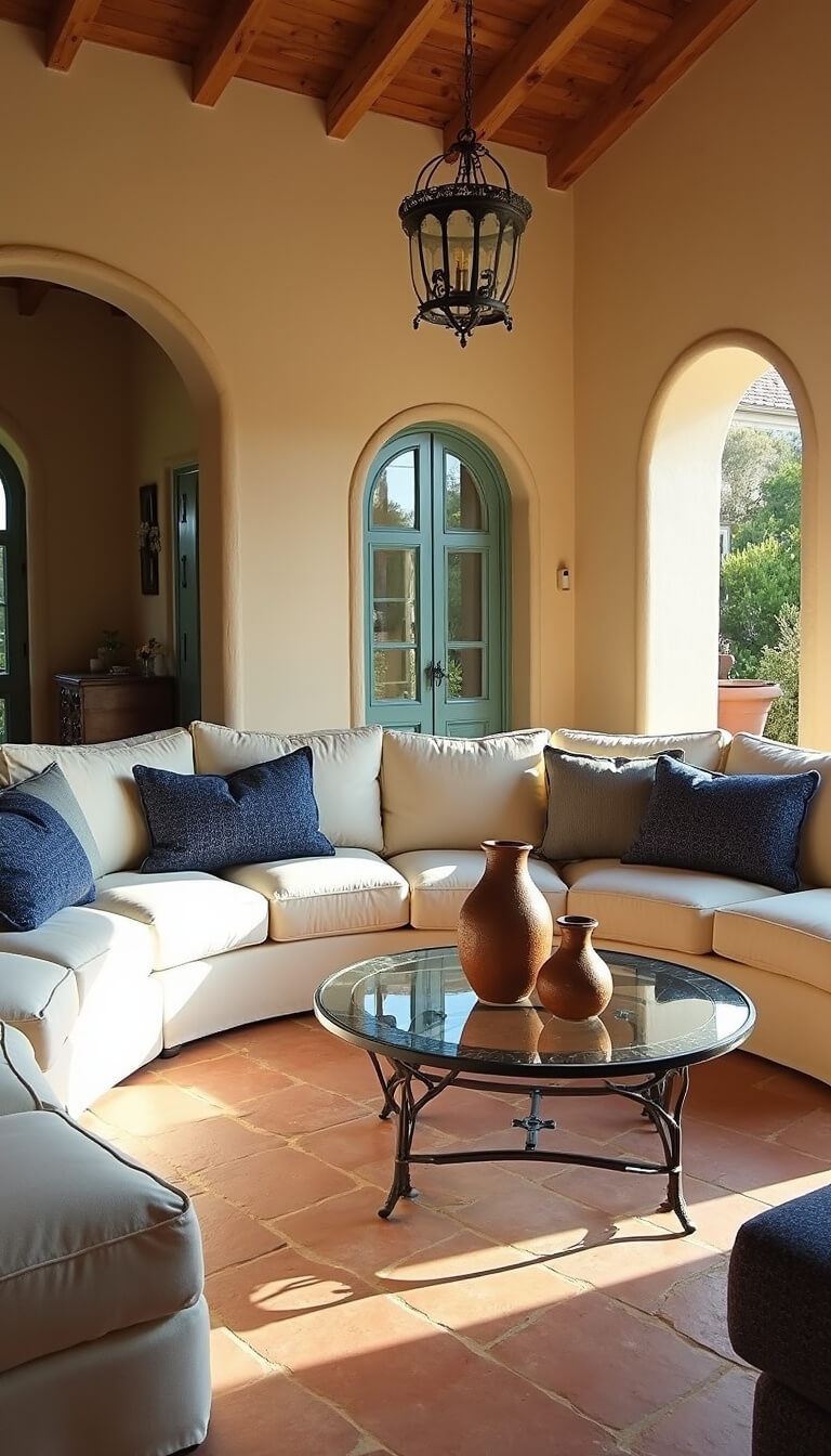 Mediterranean-style living room with terracotta floors, stucco walls, white curved sofa, indigo pillows, iron and glass coffee table with copper vessels, arched doorways, and warm afternoon light.