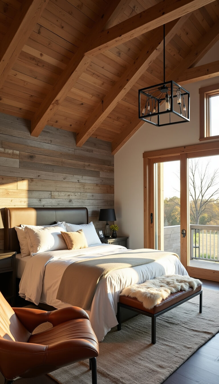 Barndominium master bedroom with vaulted ceiling, exposed beams, king bed, and golden hour light through tall windows.