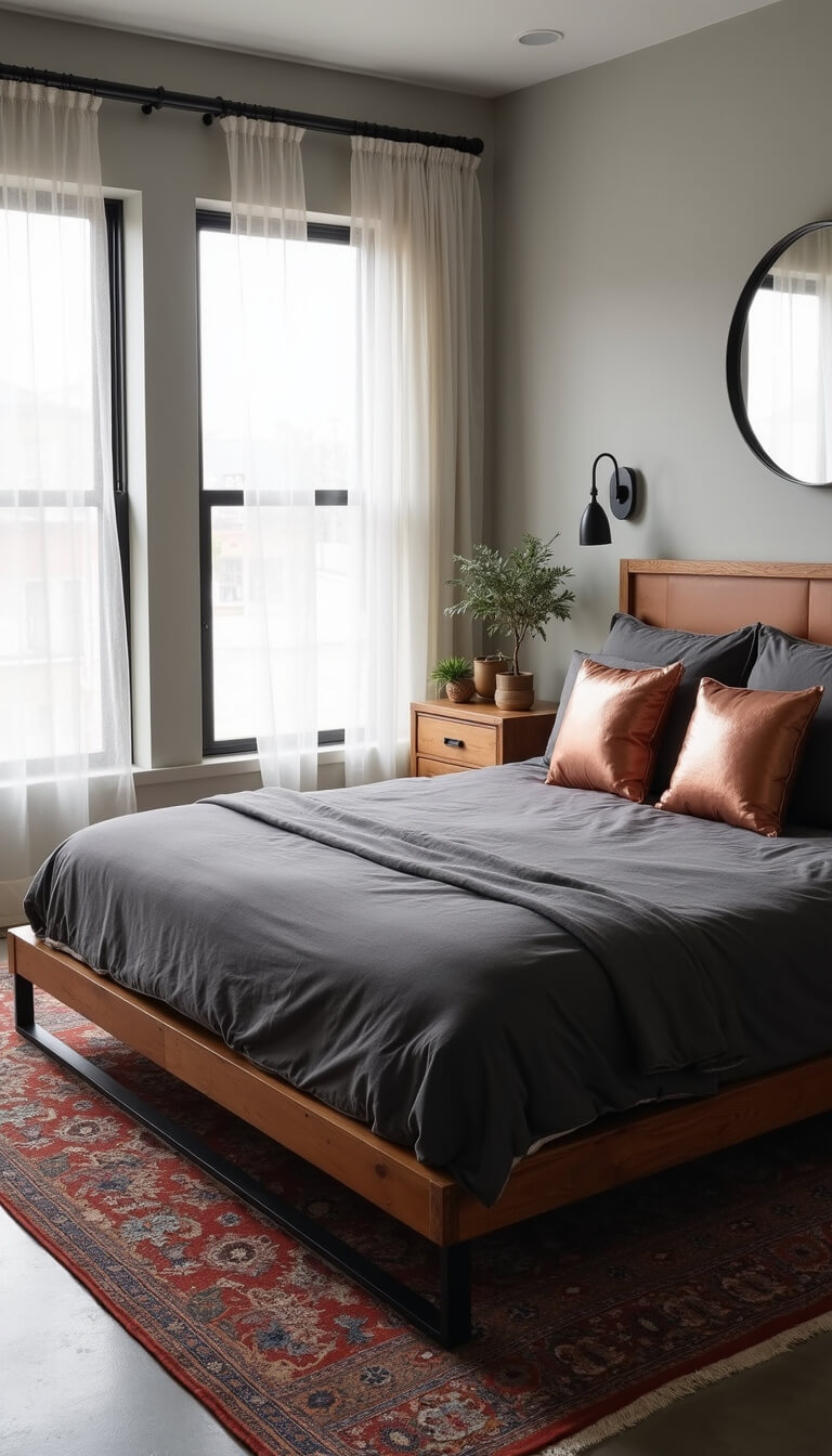 Symmetrical master suite with early morning light, black-framed windows, charcoal linen bed, Persian rug, and live-edge wood dresser.