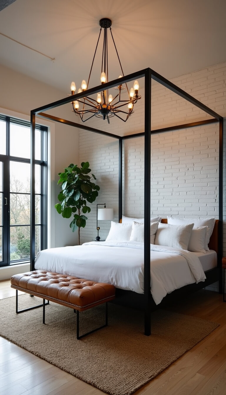 L-shaped master bedroom at dusk with whitewashed brick walls, modern canopy bed, black iron chandelier, cognac leather bench, fiddle leaf fig, jute rug, and floor-to-ceiling steel windows.