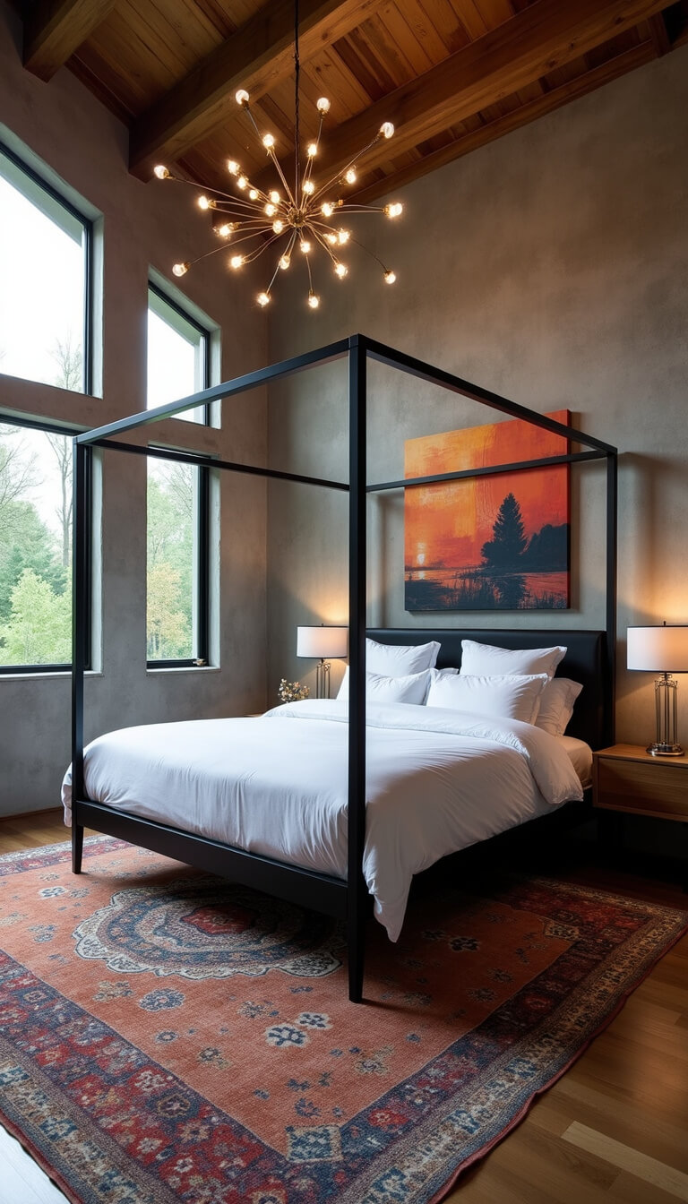 Twilight-lit bedroom with tall ceilings, black four-poster bed in white linens facing large windows, concrete accent wall, floating wooden nightstands, colorful abstract art, layered vintage rugs, and sputnik chandelier.