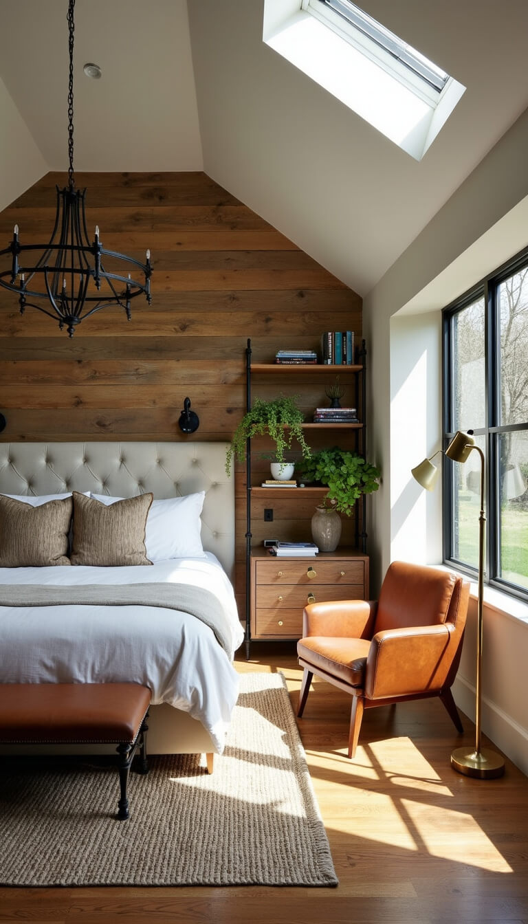 Sunlit suite with clerestory windows, reclaimed timber accent wall, tufted linen headboard, vintage Turkish rug over seagrass mat, black iron chandelier, leather reading chair with brass lamp, and industrial pipe shelves with plants and books.