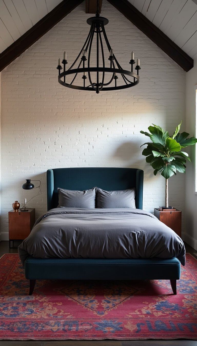 Moody evening-lit bedroom with cathedral ceiling, slate velvet wingback bed against white brick wall, black metal chandelier casting shadows, jewel-toned vintage rug, mixed metal nightstands, and fiddle leaf fig.