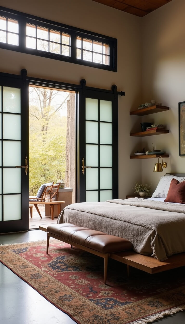 Master bedroom with dawn light through steel windows, black metal and frosted glass barn doors, platform bed with linen and leather, concrete floors with vintage rug, brass pendant lights, and floating wood shelves with ceramics.