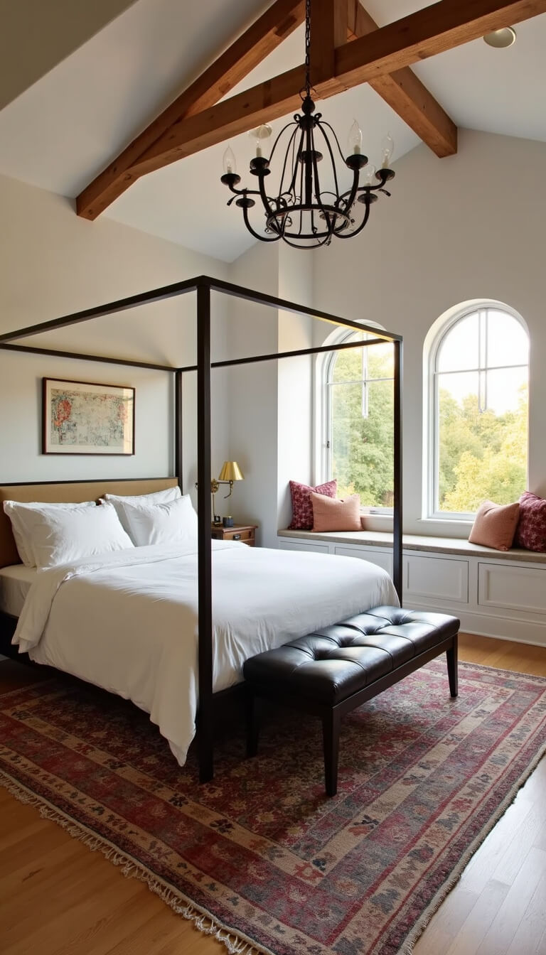 Golden hour light fills vaulted bedroom with canopy bed, arched windows, oak beams, Moroccan rug, and built-in window seat.