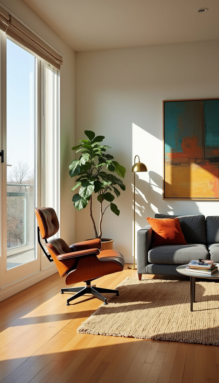 Sunlit mid-century modern living room with Eames lounge chair, Noguchi coffee table, charcoal sectional, abstract art, vintage rugs, and floor-to-ceiling windows.