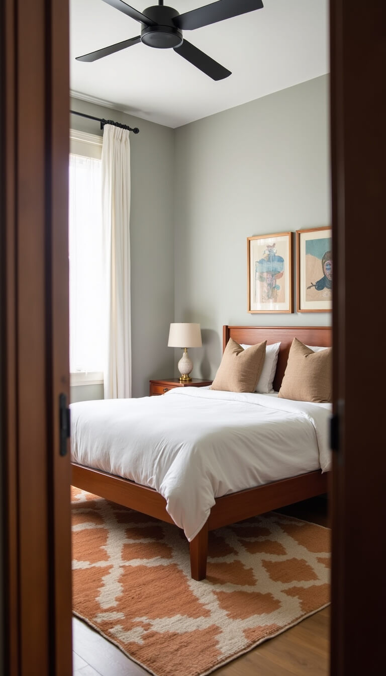 Serene bedroom with Danish modern teak headboard, white linen bedding, vintage mudcloth pillows, and soft morning light through sheer curtains.