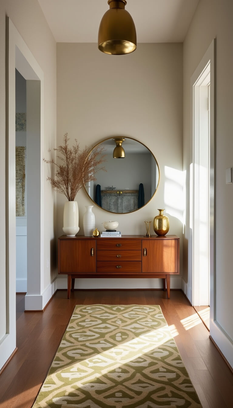 Bird's eye view of elegant hallway with walnut console, brass-framed circular mirror, vintage ceramics, metallic accents, geometric 1970s runner, and moody afternoon lighting.