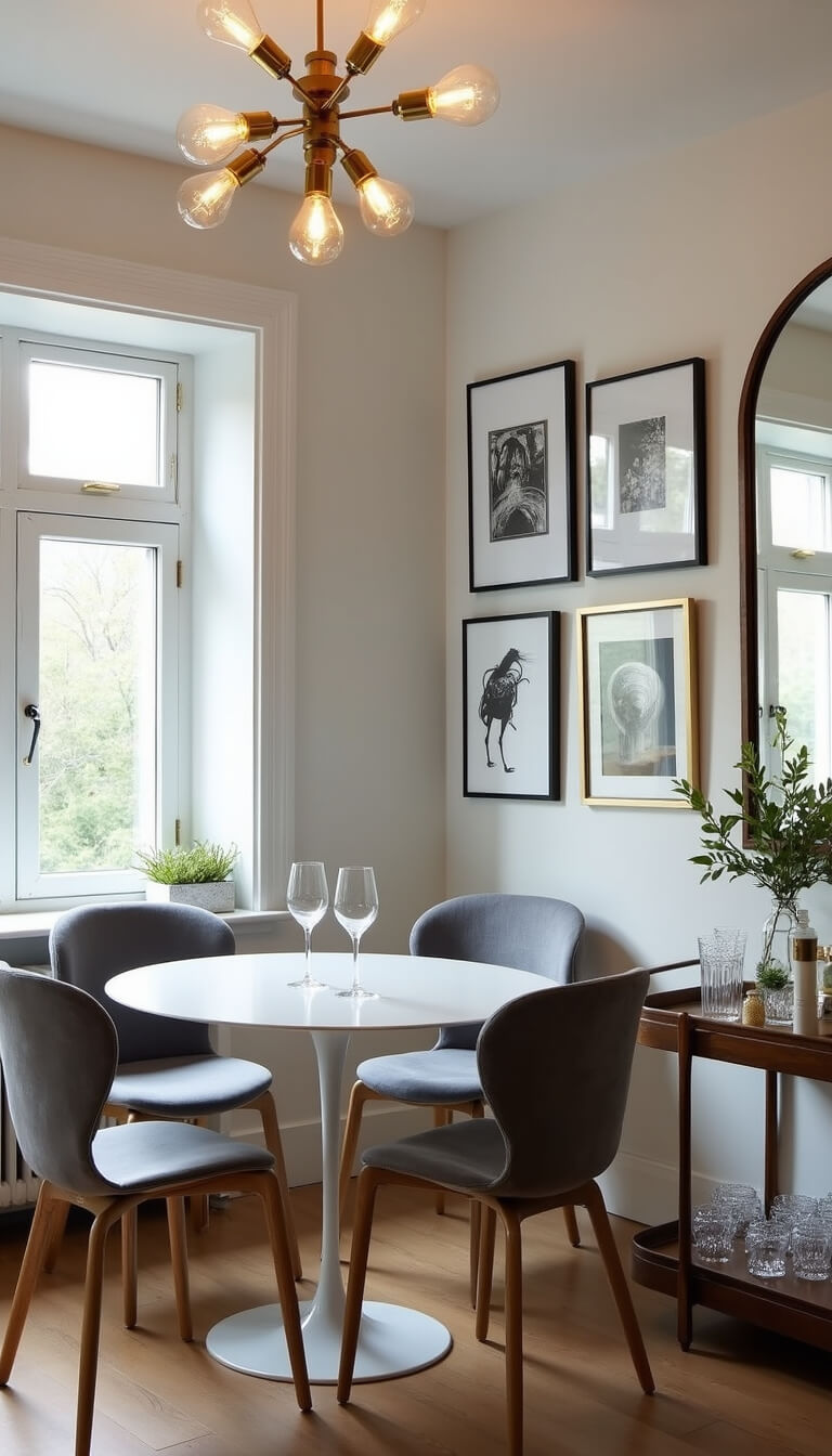Sophisticated dining room corner with tulip table, gray velvet chairs, vintage chandelier, gallery wall, mirror, and styled bar cart in afternoon light.