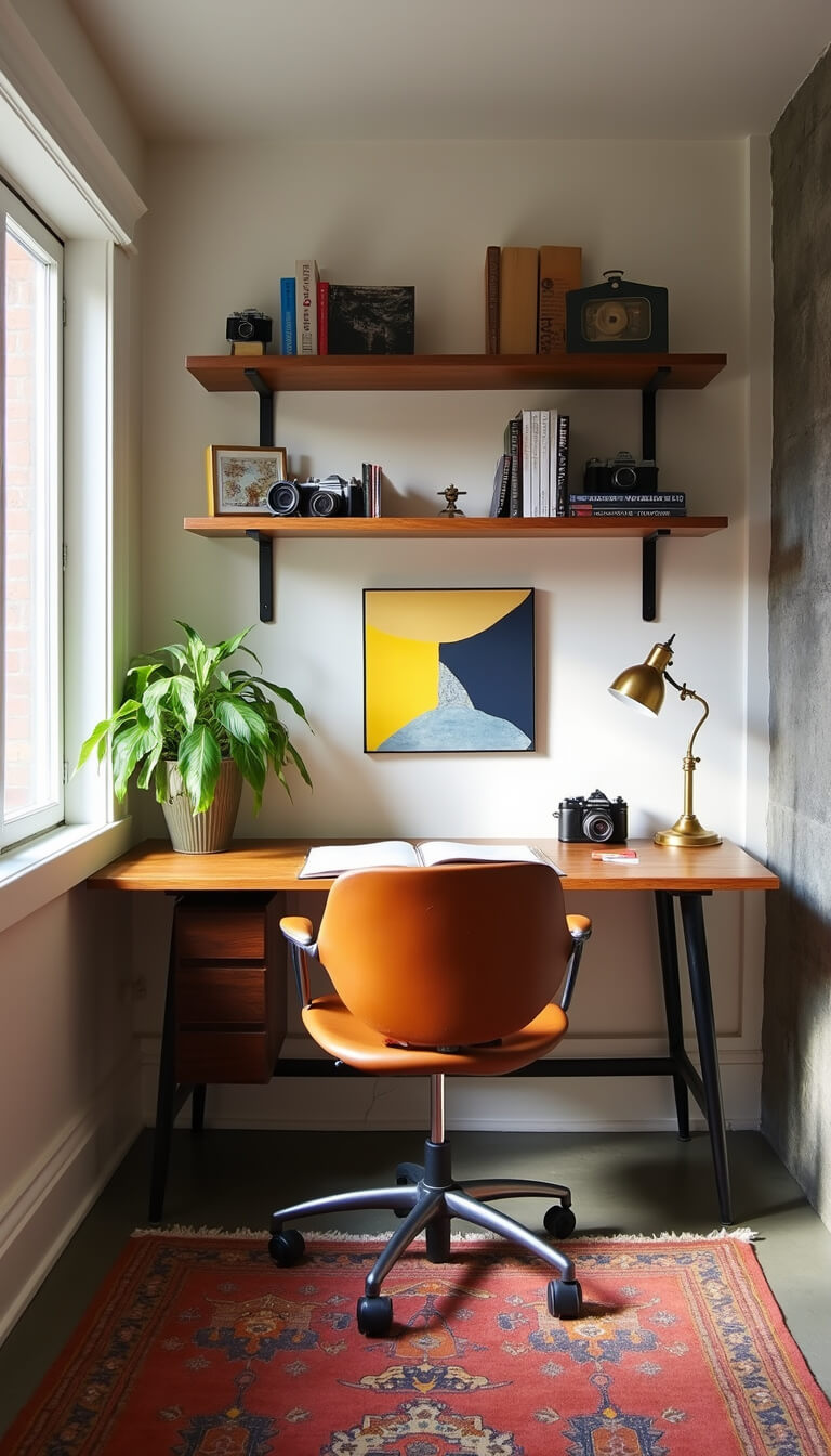 Symmetrical home office with mid-century walnut desk, cognac leather chair, vintage rug on concrete floors, and shelves displaying vintage cameras and art books in morning light.
