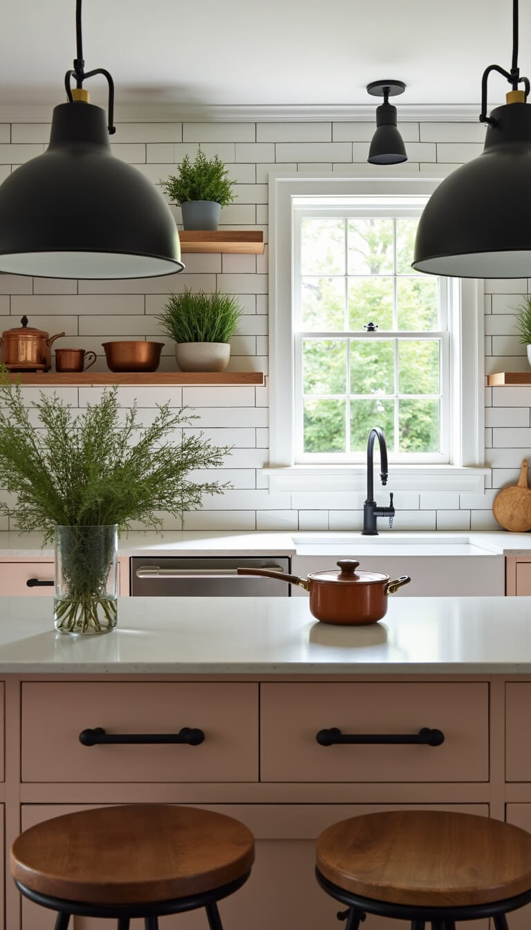 Overhead view of vintage enamel kitchen island with copper cookware, modern black pendant lights, open shelving with ceramics, and fresh herbs in planters.