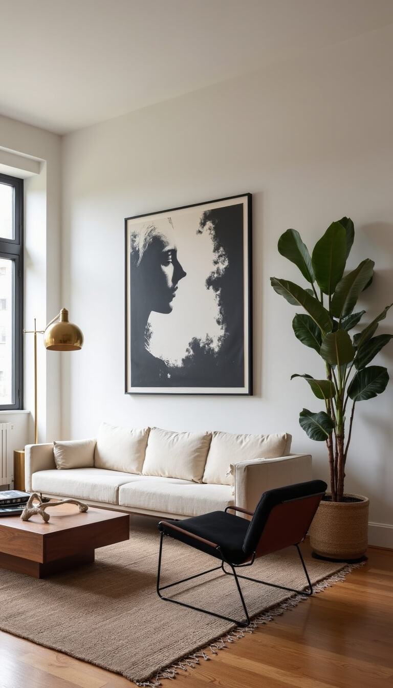 Minimalist 12x15ft living room at dusk with cream bouclé Knoll sofa, steel-frame chairs, large black-and-white art, vintage brass lamp, layered rugs, and floating walnut media console.