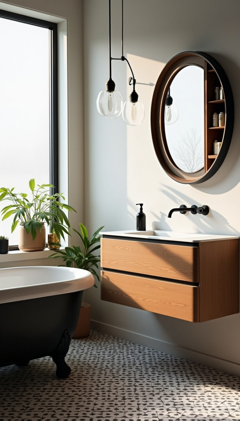 Sunlit bathroom with matte black clawfoot tub, modern wood vanity, LED-lit round mirror, black-and-white geometric tiles, and frosted window light.