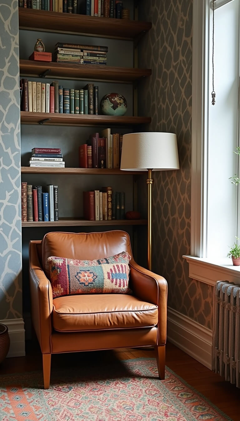 Cozy reading nook with vintage leather chair, modern brass lamp, floor-to-ceiling bookshelf filled with vintage books, abstract geometric wallpaper, and kilim pillow in warm late afternoon light.