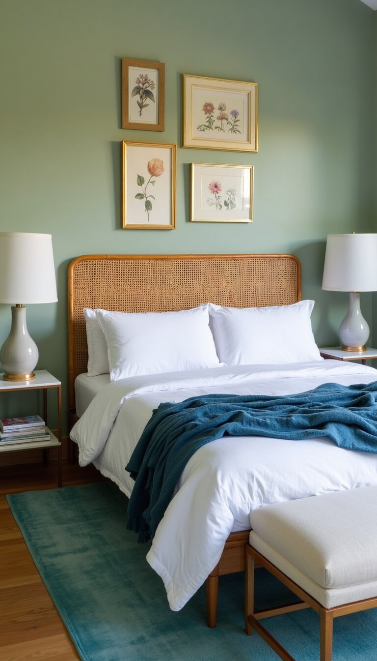 Serene guest bedroom at dawn with vintage bamboo headboard, sage green wall, white linens, indigo throw, floating nightstands with ceramic lamps, gallery wall, and teal overdyed rug.