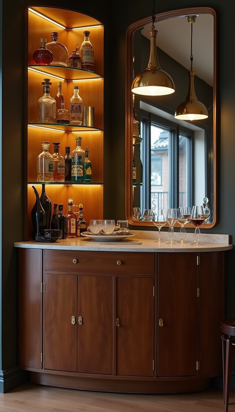 Home bar corner with walnut vintage cabinet, brass hardware, glass shelves displaying decanters and barware, art deco mirror reflecting warm evening light, and modern pendant lighting creating a sophisticated ambiance.