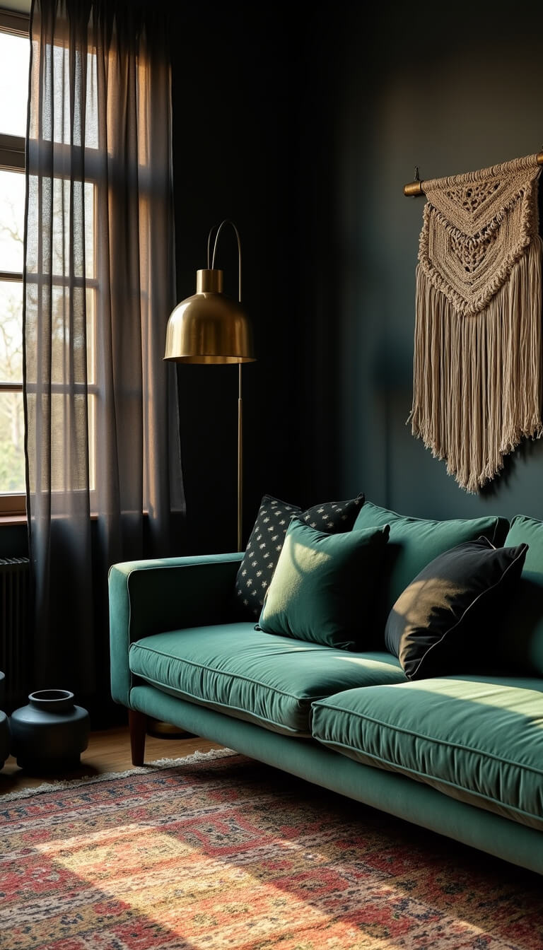 Spacious living room at golden hour with emerald velvet sofa, dark charcoal walls, layered vintage rugs, brass floor lamp, macramé wall hanging, and matte black ceramic vessels.