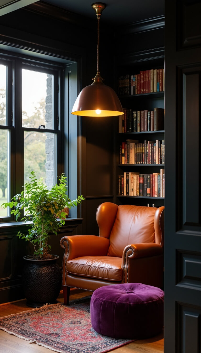 Cozy corner reading nook at dusk with matte black bookshelves, cognac leather armchair, copper pendant light, purple velvet Moroccan pouf, and trailing pothos on a black rattan stand.