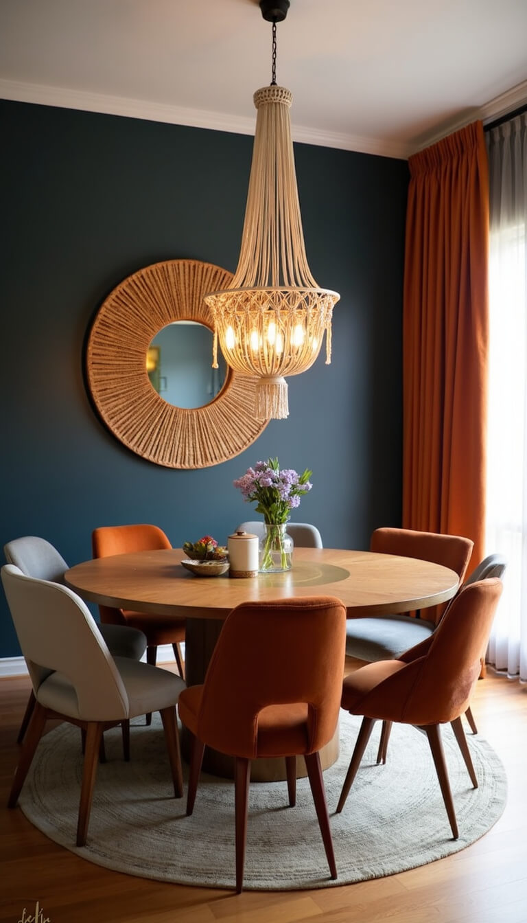 Mid-century modern boho dining room with round wooden table, vintage chairs, macramé chandelier, burnt orange velvet curtains, and navy accent wall, lit by morning sunlight and warm Edison bulbs.