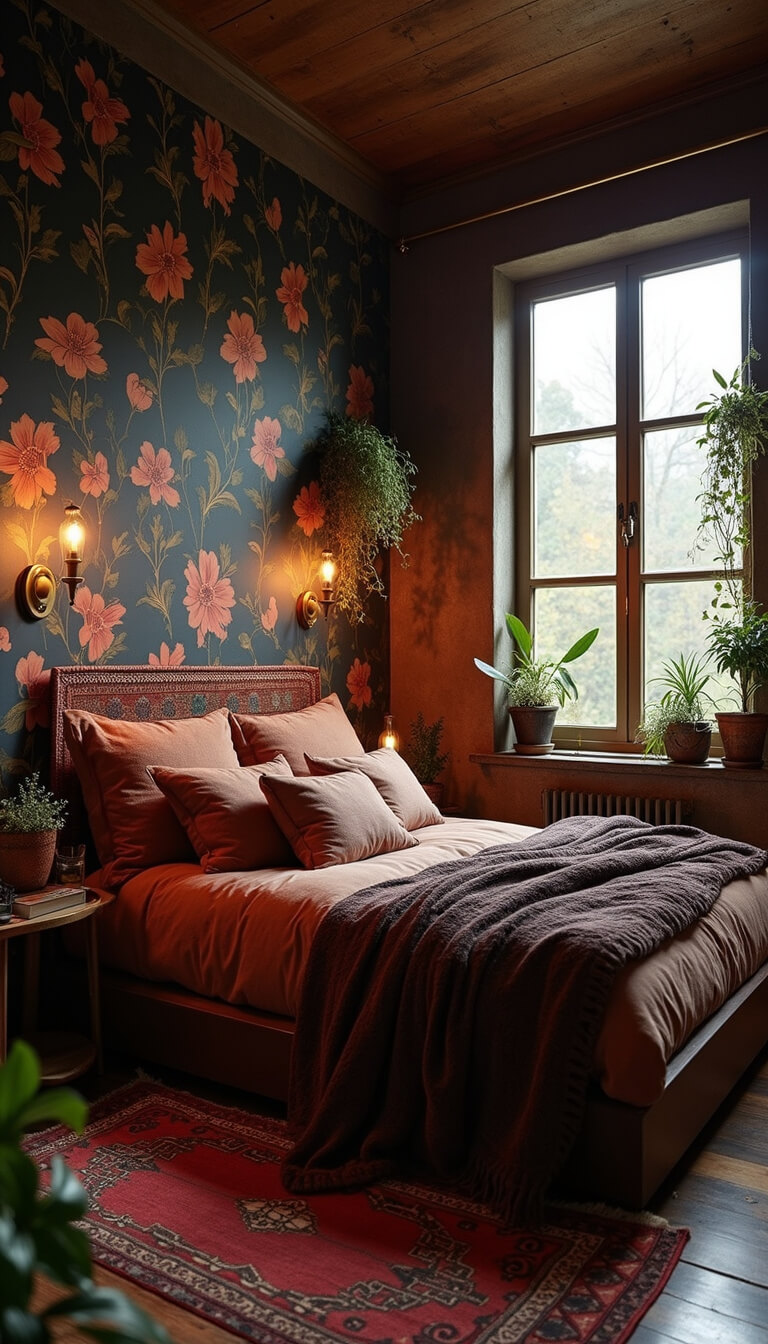 Bohemian bedroom at twilight with dark floral wallpaper, low platform bed in jewel-toned linens, vintage kilim headboard, brass sconces, and hanging plants in copper planters.