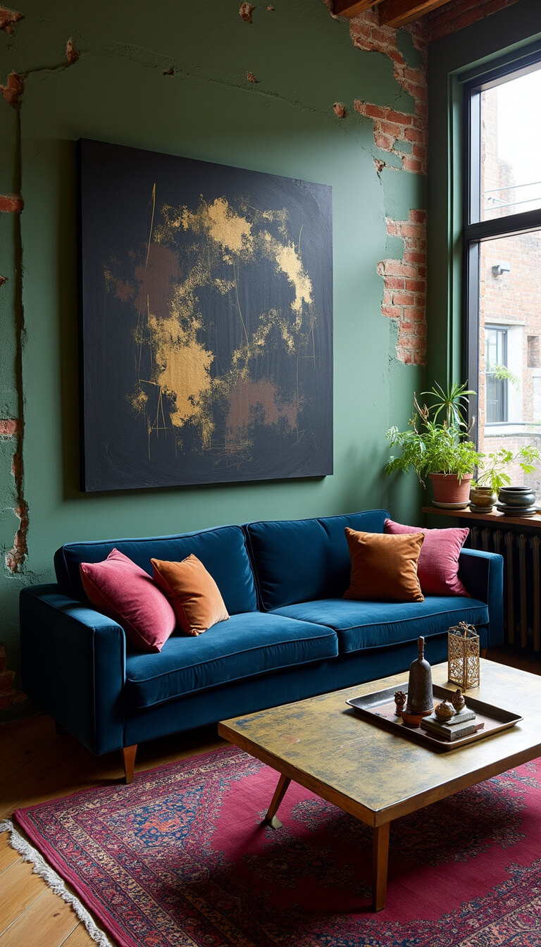 High-angle view of an artist's eclectic living room with dark green exposed brick walls, a large black and gold abstract canvas, layered vintage rugs, a curved midnight blue velvet sofa, and a brass coffee table displaying collected curiosities.