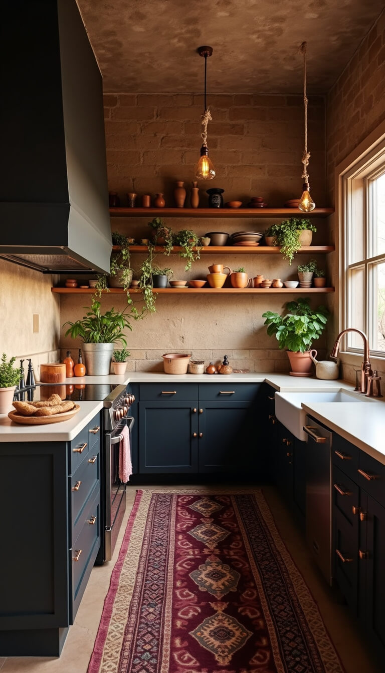 Modern boho kitchen at sunset with matte black cabinets, copper hardware, open shelving with earth-tone ceramics, burgundy Turkish runner, hanging plants in macramé, and warm copper pendant lighting.