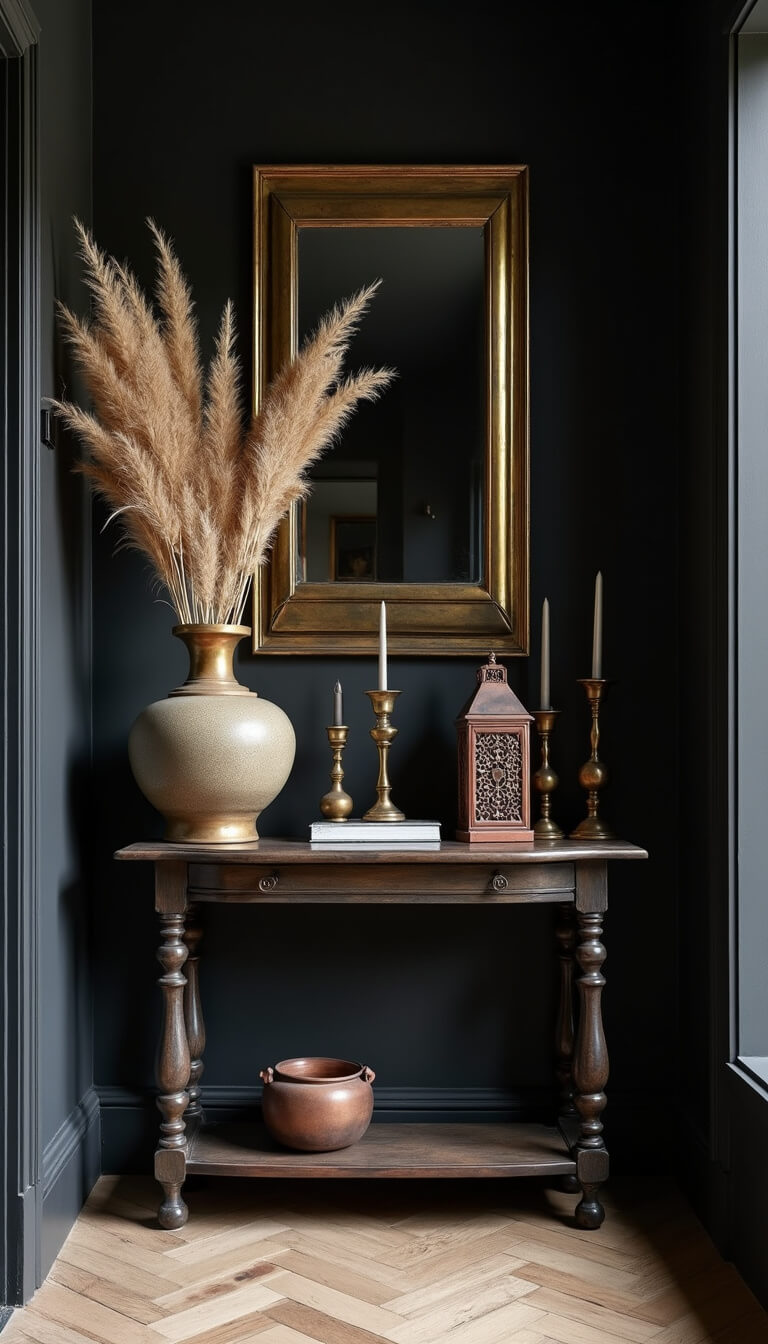 Dramatic entryway with dark charcoal walls, vintage brass mirror above console table, eclectic black, gold, and copper decor, large ceramic vessel with pampas grass, and Moroccan lantern casting intricate shadows.