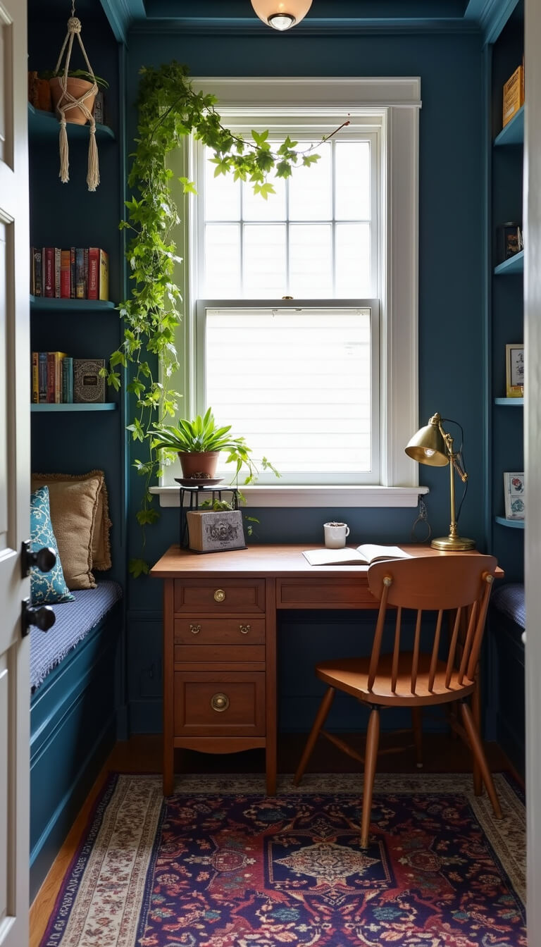 Boho office nook with indigo built-ins, vintage wooden desk, brass lamp, layered blue and purple rugs, and macramé plant hanger with ivy, viewed from doorway at noon.