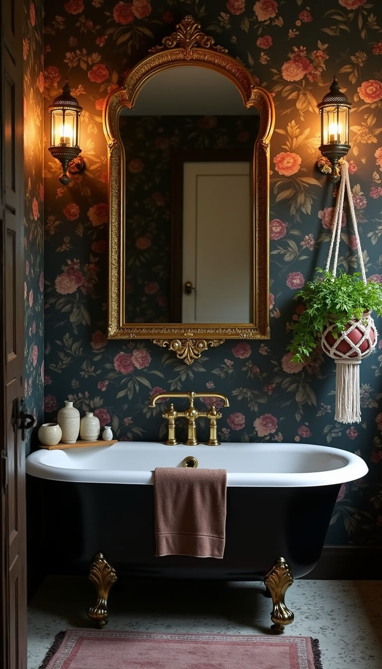 Luxurious bathroom at dawn with dark floral wallpaper, black clawfoot tub, vintage brass fixtures, hanging macramé fern, and soft-lit Moroccan lantern.