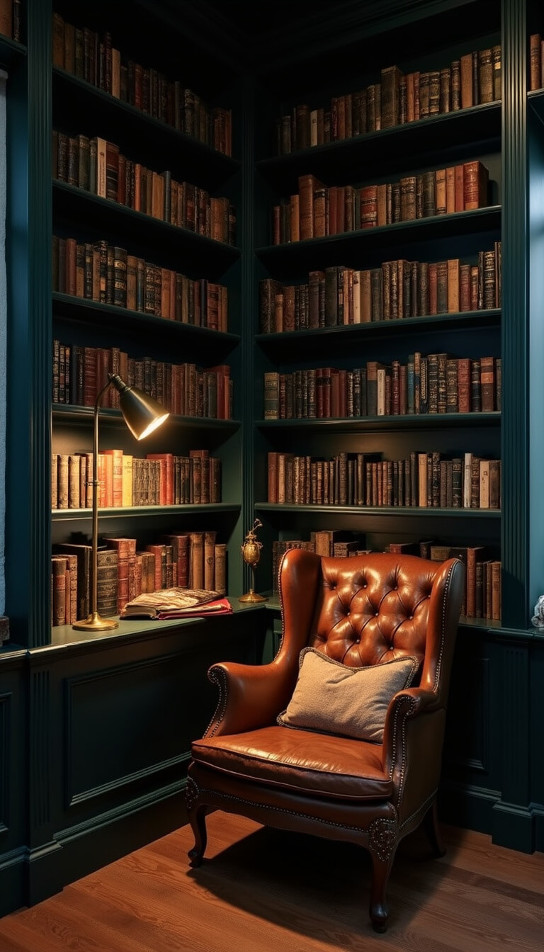 Cozy midnight reading corner with dark teal walls, black bookshelves, vintage leather chair, brass lamp, floating shelves of curiosities, and candlelit shadows viewed from above.