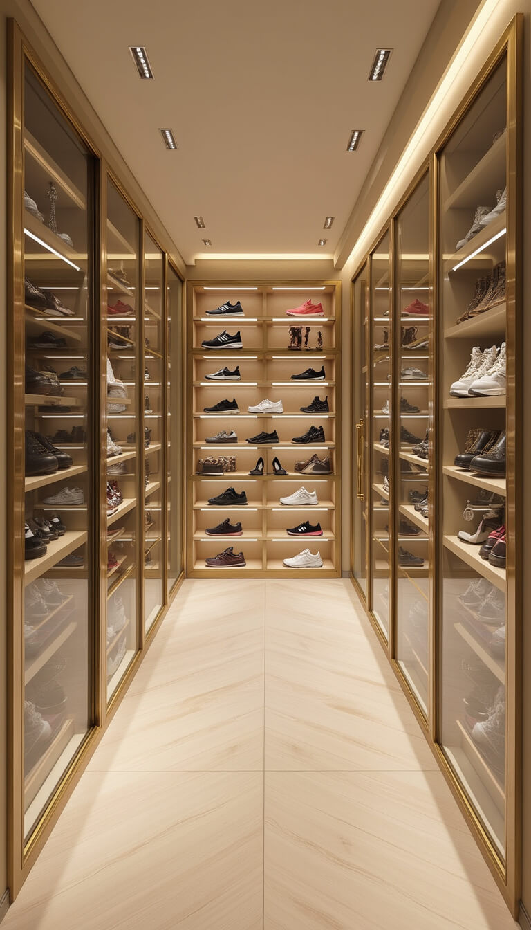 Luxury walk-in shoe closet with glass-fronted cabinets, warm LED lighting, and color-arranged designer shoes on white oak herringbone flooring.
