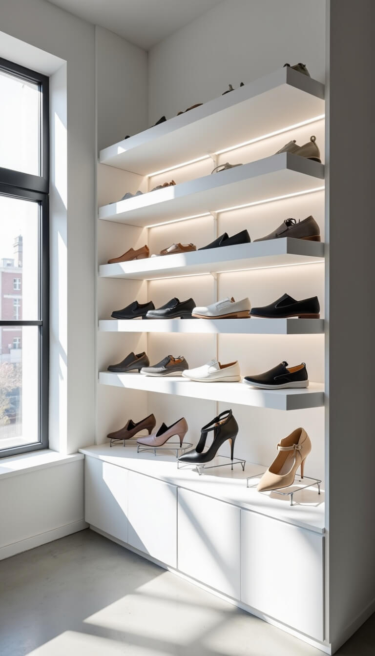 Minimalist shoe display in bright 10x10ft corner space with floating white shelves, matte black pull-out racks, and clear acrylic boxes under natural morning light.