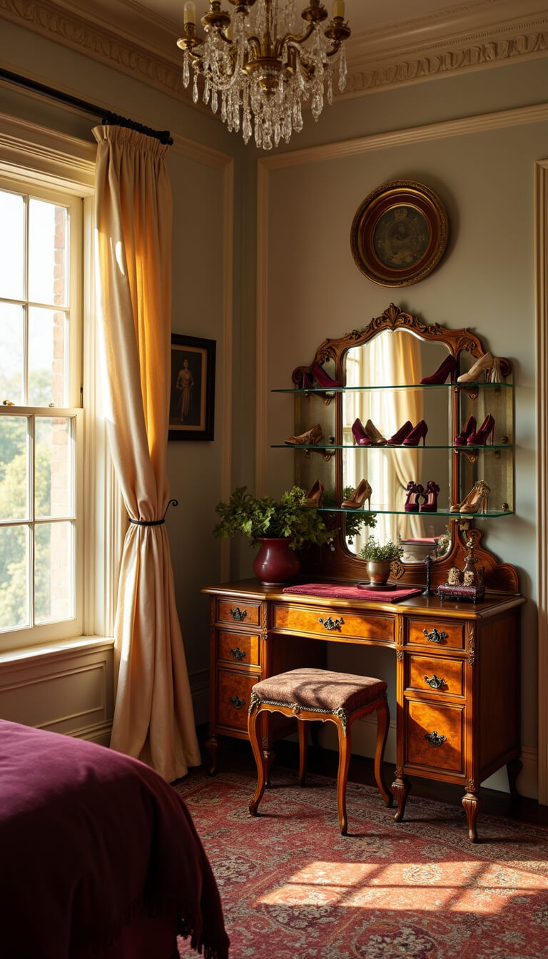 Vintage glamour bedroom with crown molding, crystal chandelier, antique vanity displaying heritage shoes on glass shelves with brass brackets, bathed in golden hour light through sheer curtains.