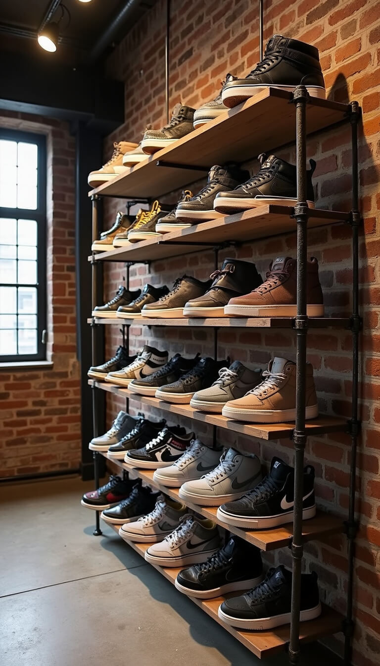 Industrial chic loft with exposed brick, steel beams, custom pipe shelving, and sneakers arranged by style under dramatic track lighting.