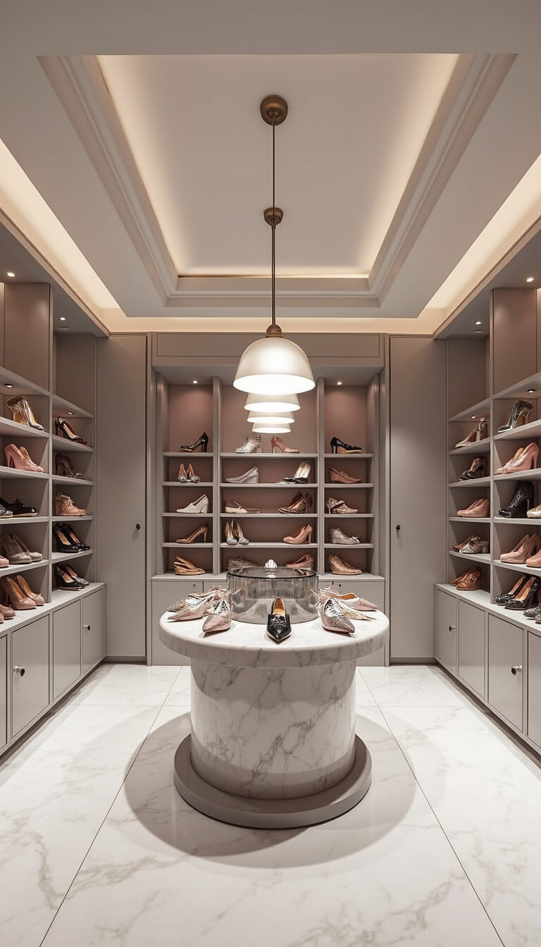 Boutique-style 10x14ft shoe room with tray ceiling, pendant lighting, central rotating display, mirrored wall units, and designer shoes arranged radially by season and style in soft grey, silver, and blush pink tones.