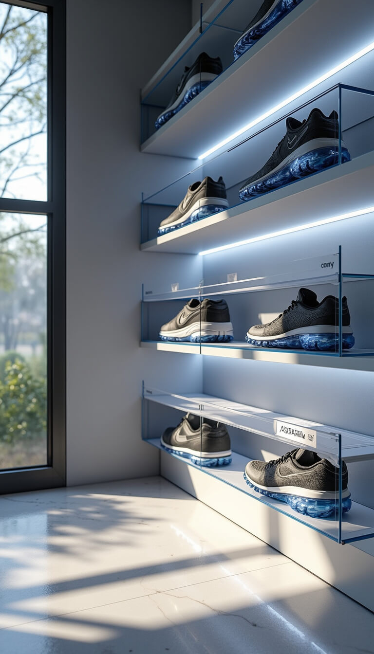 Modern shoe library with floor-to-ceiling windows, smart shelving, and labeled clear cases for athletic and formal shoes in a cool-toned, tech-integrated space.
