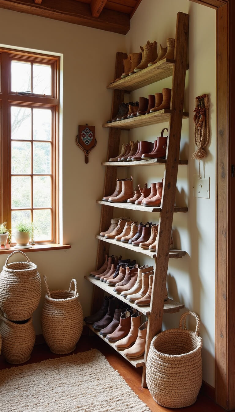 Cozy 9x11ft bohemian shoe nook with exposed wooden beams, artisanal footwear on ladder shelves, rattan screens filtering light, and earthy-toned vintage-modern decor.