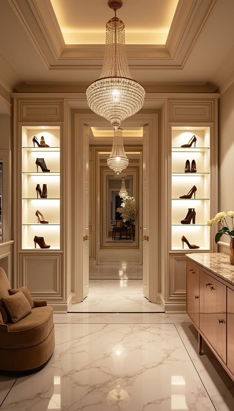 Luxury shoe boutique with crystal chandelier, illuminated glass cabinets, and high-end designer shoes displayed amid ivory, champagne, and rose gold decor.