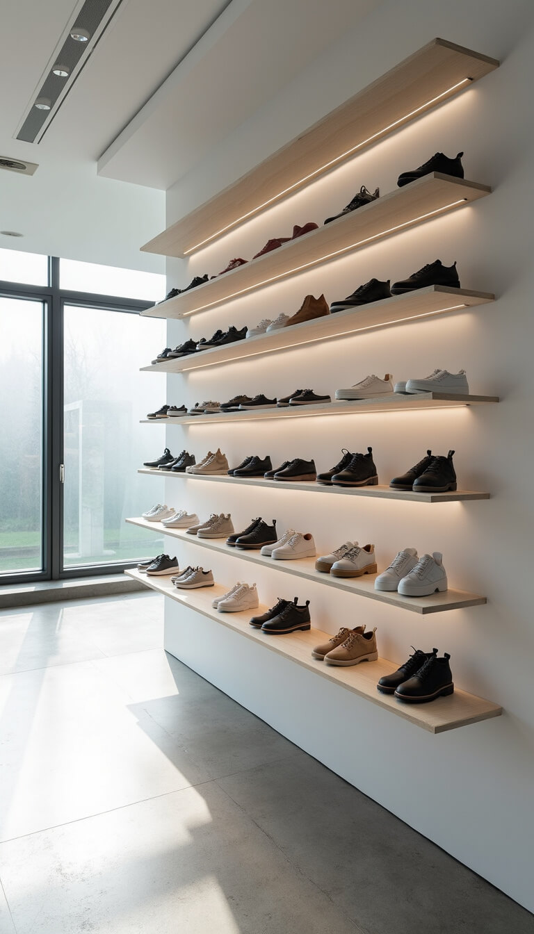 Modern minimalist 11x13ft display space with floating shelves, designer shoes, hidden storage, and morning light through frosted glass windows.