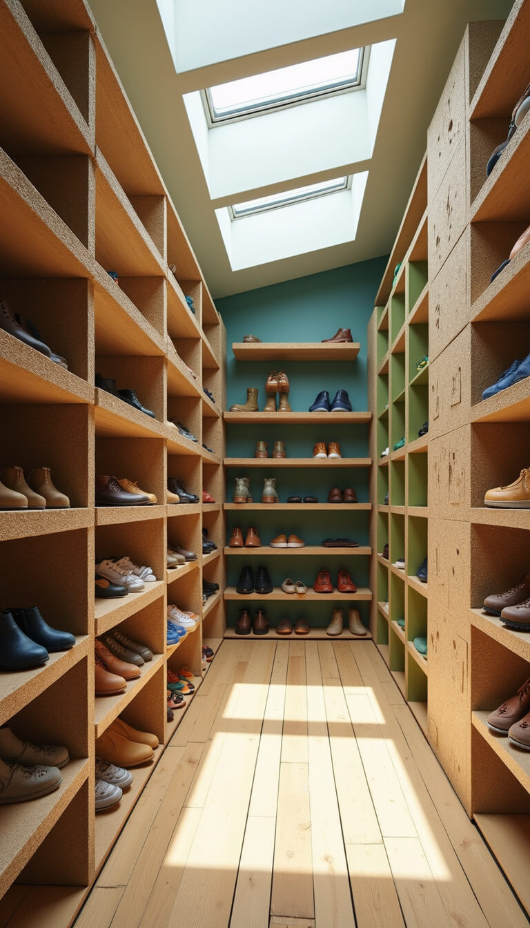 Eco-friendly shoe storage room with bamboo flooring, cork and recycled plastic shelves, hemp rope displays, and natural light from skylights.