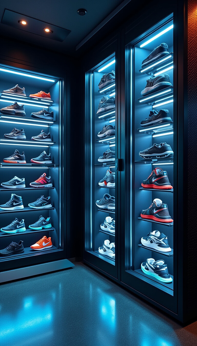 High-tech smart shoe vault with motion-activated lighting, LED display strips, automated carousel system, climate-controlled cases for performance shoes, featuring carbon fiber, smart glass, and metallic finishes in black, blue, and chrome tones.