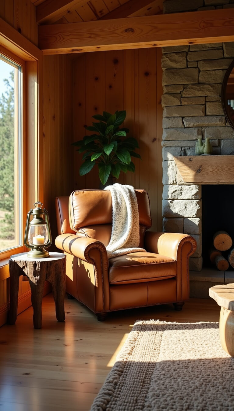 Sunlit cabin living room with exposed wooden beam ceiling, large west-facing windows, leather armchair with knit throw, walnut side table with brass lantern, stone fireplace, and warm rustic decor.