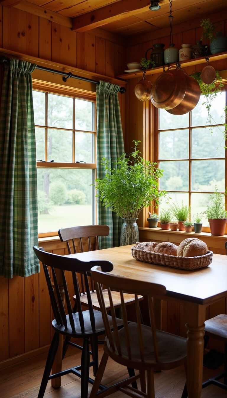 Cozy cabin kitchen nook with warm wood tones, vintage chairs around a live-edge pine table, hanging copper pots, open shelves with earthy pottery, and sunlight filtering through gingham curtains.