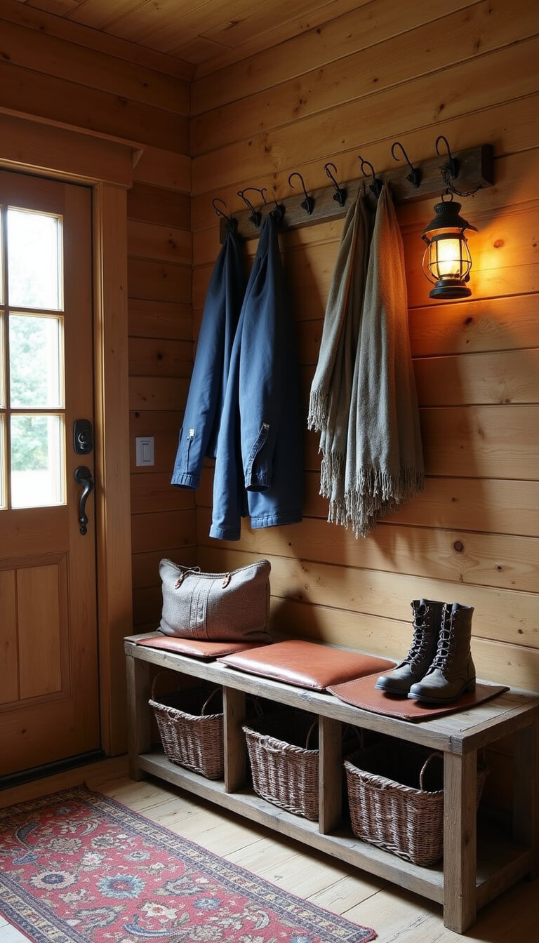 Cabin entryway with vintage wool runner, antique coat rack with jackets and scarves, reclaimed wood bench with leather cushion and baskets, iron lantern lighting, boot tray with worn hiking boots, in warm rustic tones.